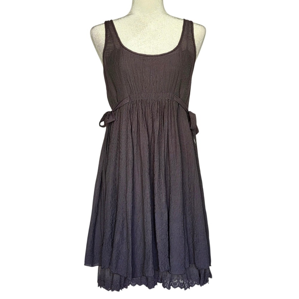 Whimsigoth Babydoll Tiered Lace Trim Dress Size L Boho Dark‎ Romantic Tie Waist